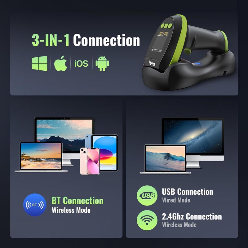 Tera Barcode Scanner Wireless with Screen: Pro Version 1D 2D QR with Setting Keypad Charging Cradle Works with Bluetooth 2.4G Wireless USB Wired Handheld Bar Code Reader HW0009 Green - Image 5